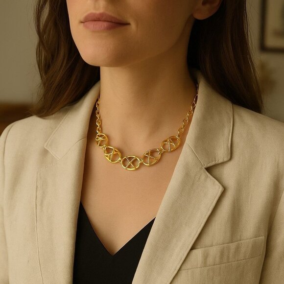 Vintage Avon 1992 Bamboo Trellis Gold Tone Chain Choker Necklace With Box - Picture 2 of 9